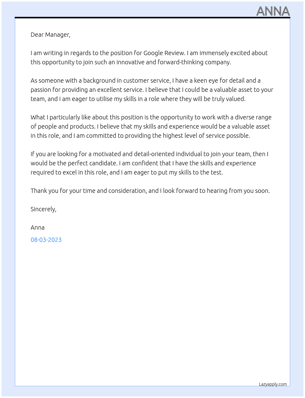 Google Review  At Google Review  Cover Letter