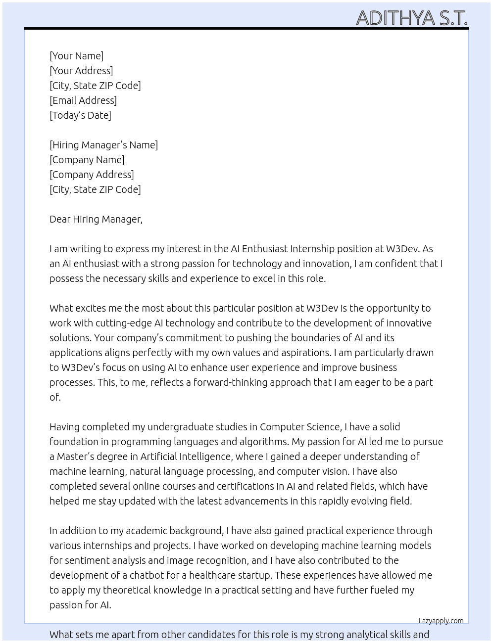 AI Enthusiast Internship  At W3Dev Cover Letter