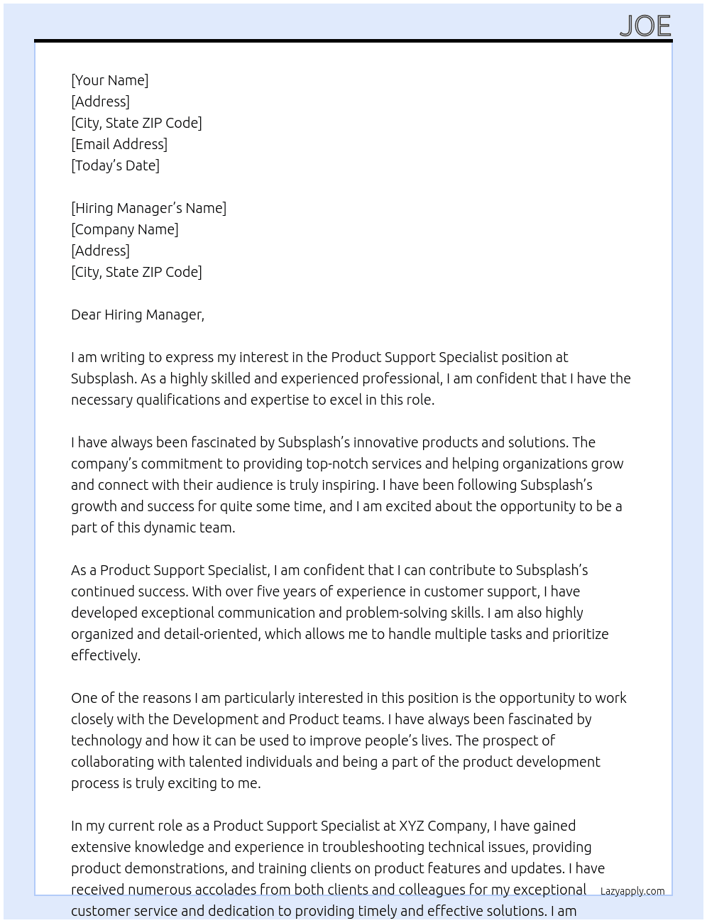 Product Support Specialist At Subsplash Cover Letter
