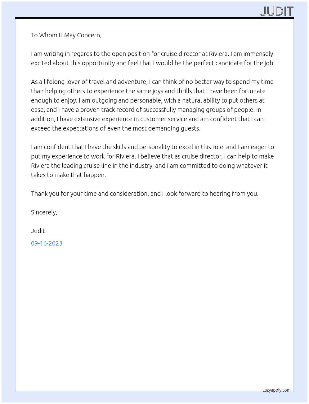 cruise director At Riviera Cover Letter