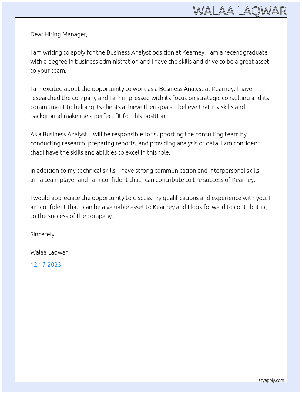 Business Analyst Fresh graduate  At Kearney Cover Letter
