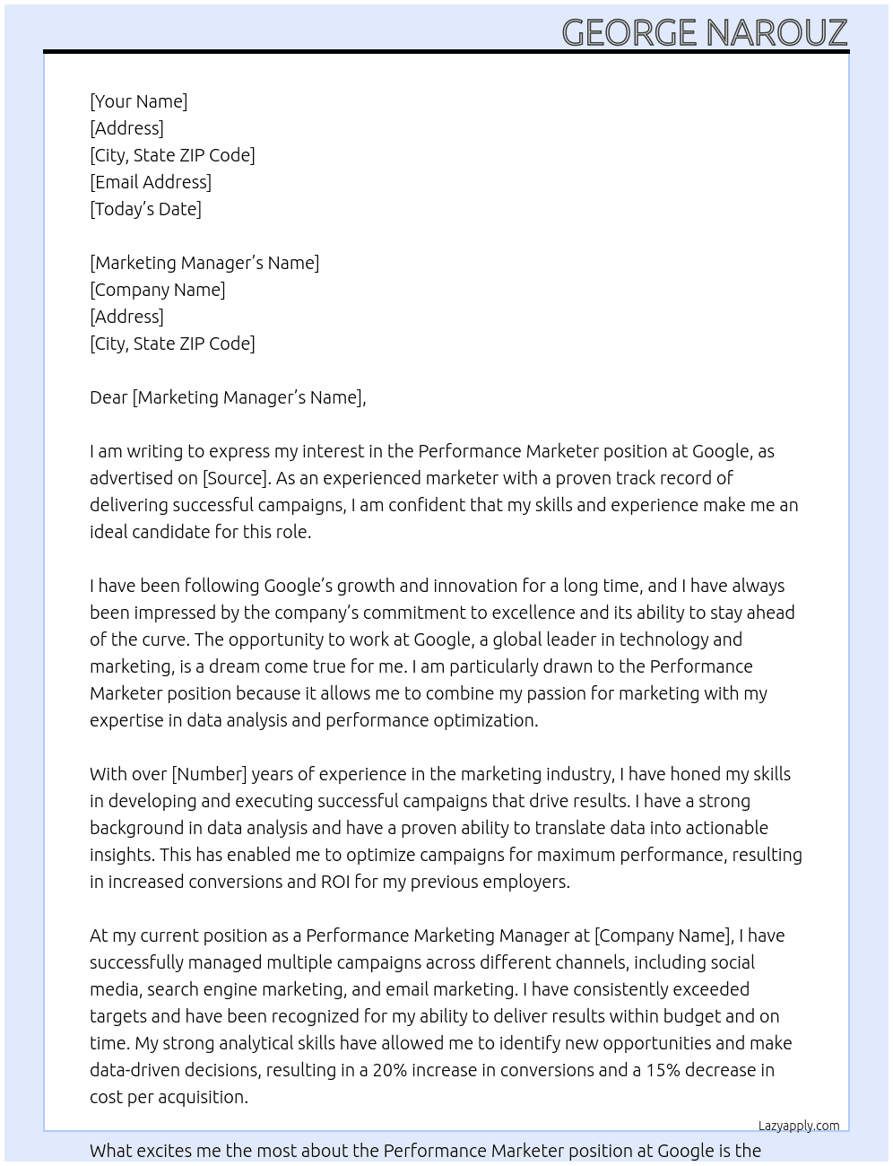 Performance Marketer At Google Cover Letter