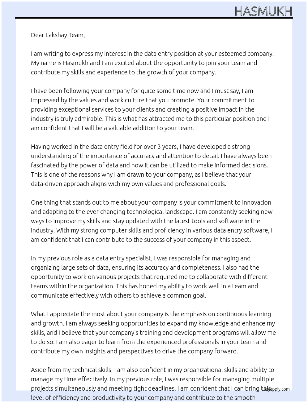 data entry At lakshay Cover Letter
