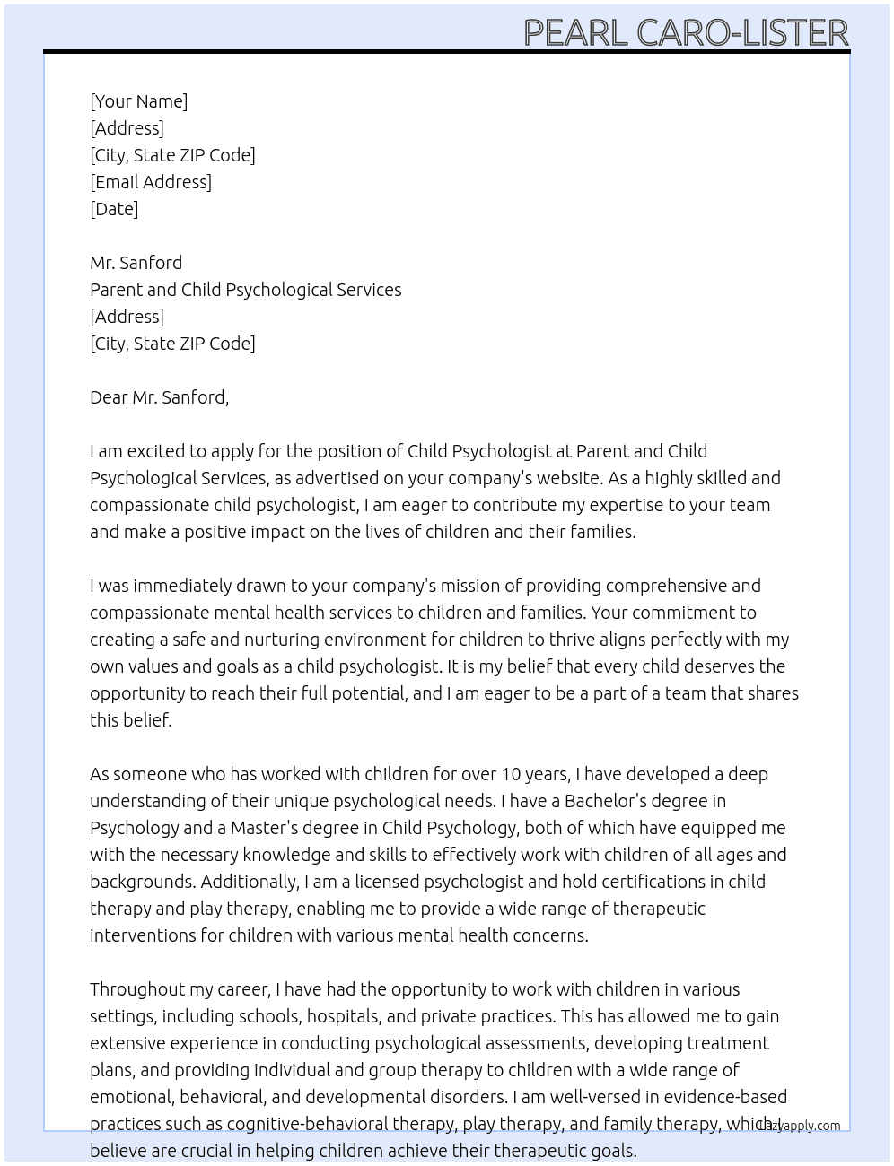 Child Psychologist  At Parent and Child Psychological Servjces Cover Letter