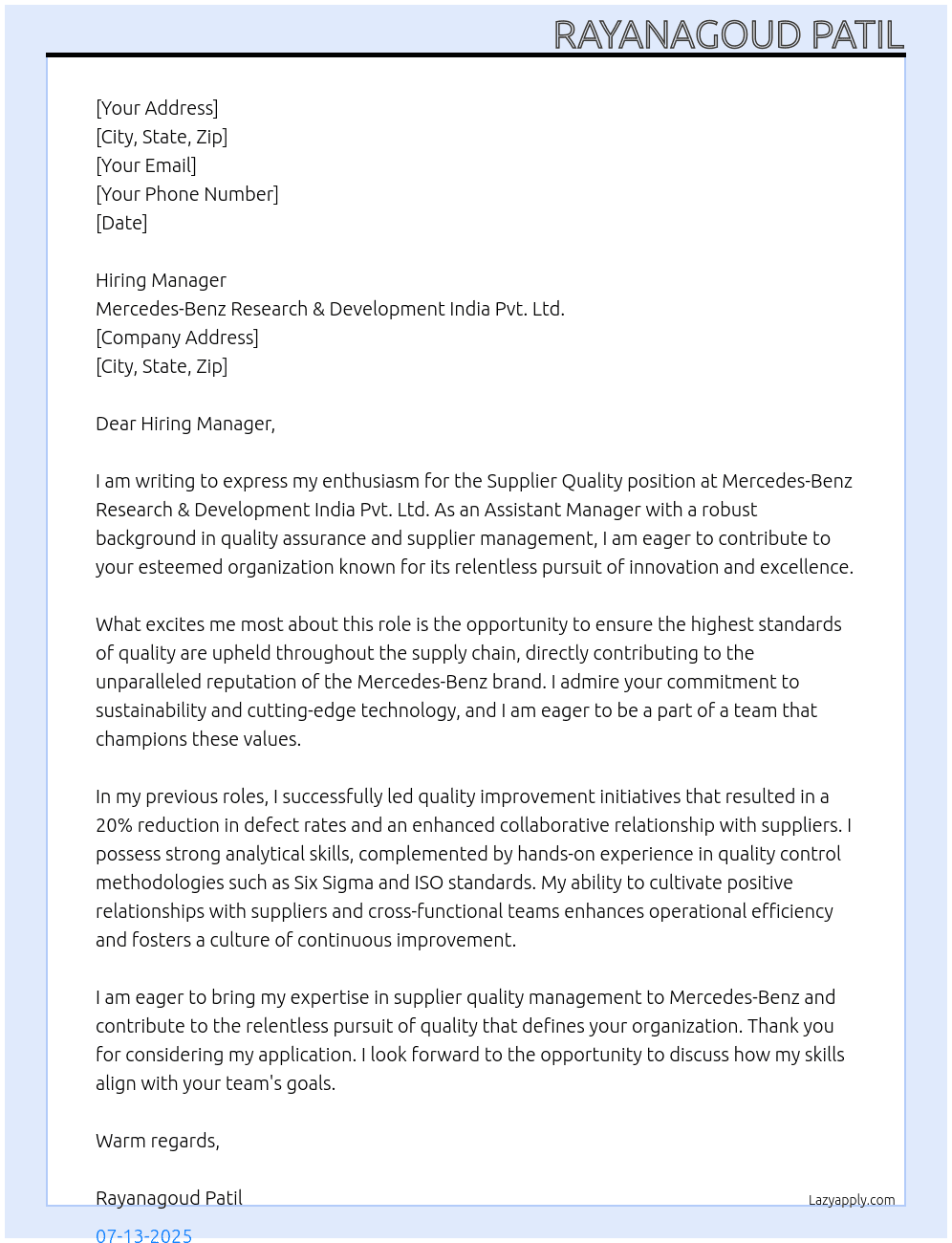 Cover letter for supplier quality - LazyApply