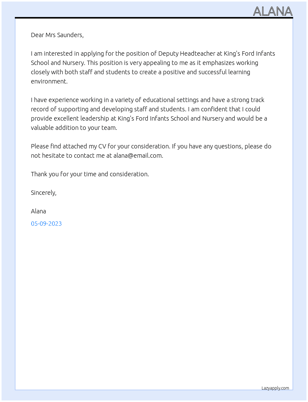 Deputy Headteacher At King's Ford Infants School and Nursery Cover Letter
