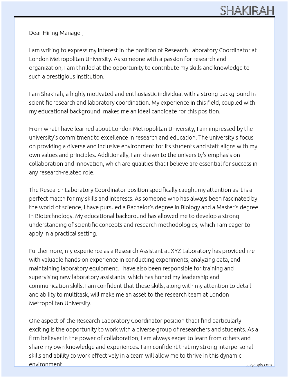 Research Laboratory Coordinator At London Metropolitan University  Cover Letter
