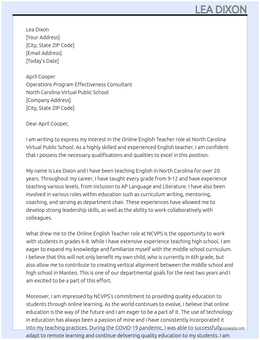 ELA (6th, 7th and 8th Grade) & ELA Electives At North Carolina Virtual Public School Cover Letter