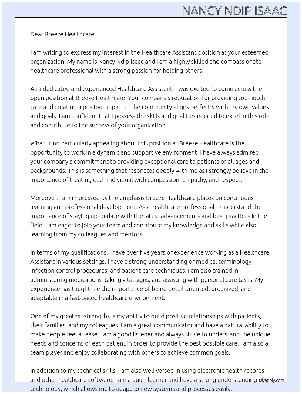 Healthcare Assistant At nancyisaac3@gmail.com Cover Letter