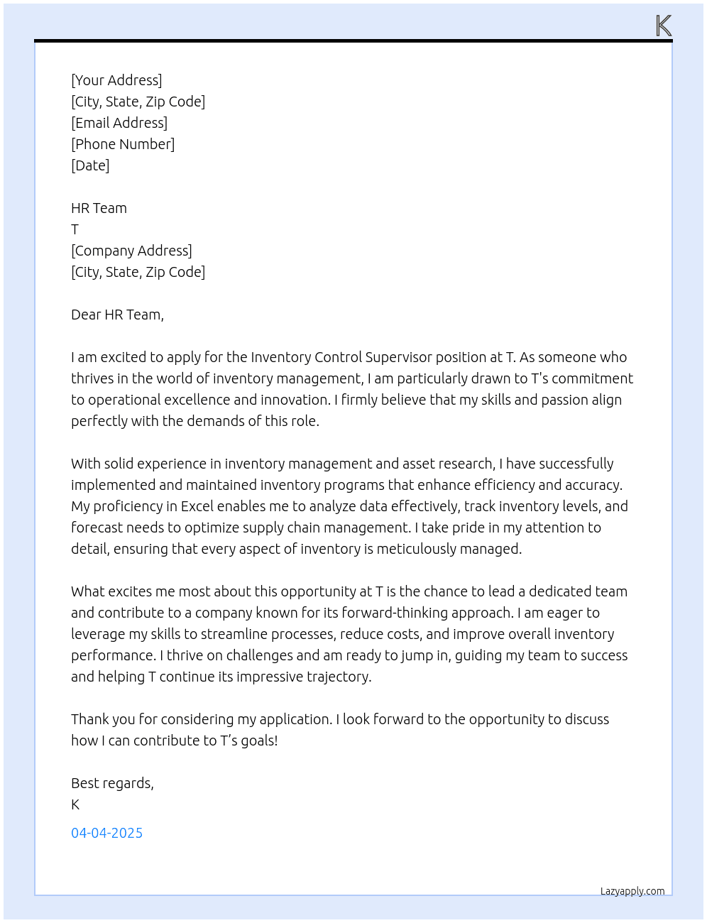 Cover letter for inventory control supervisor - LazyApply
