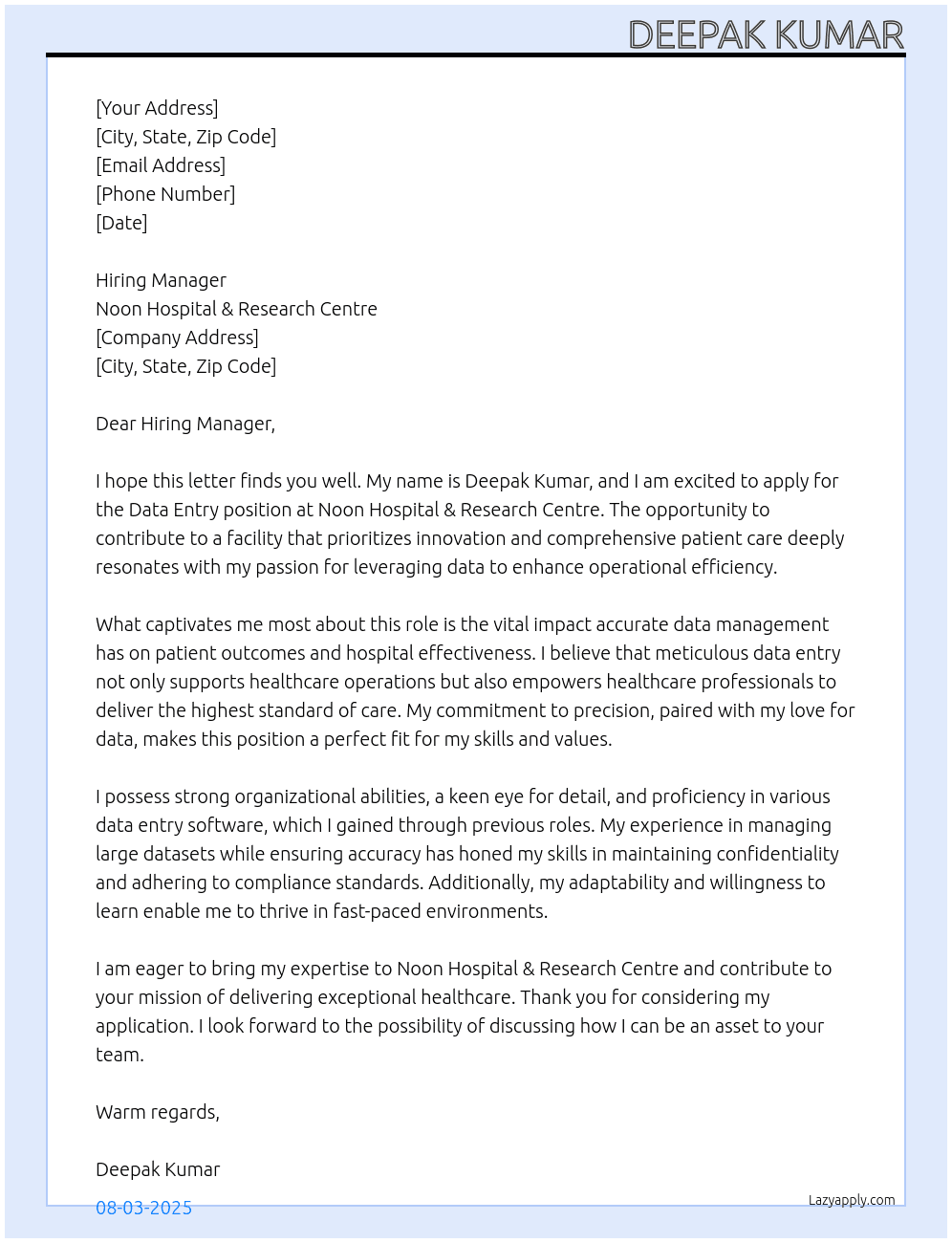 Data entry  At Noon hospital & research centre  Cover Letter