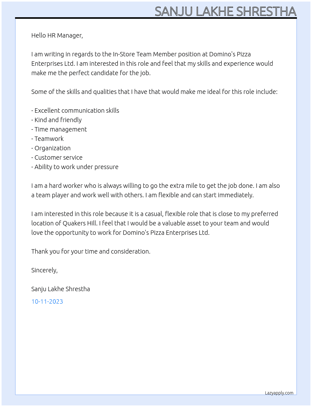 In-Store Team Member At Domino's Pizza Enterprises Ltd Cover Letter
