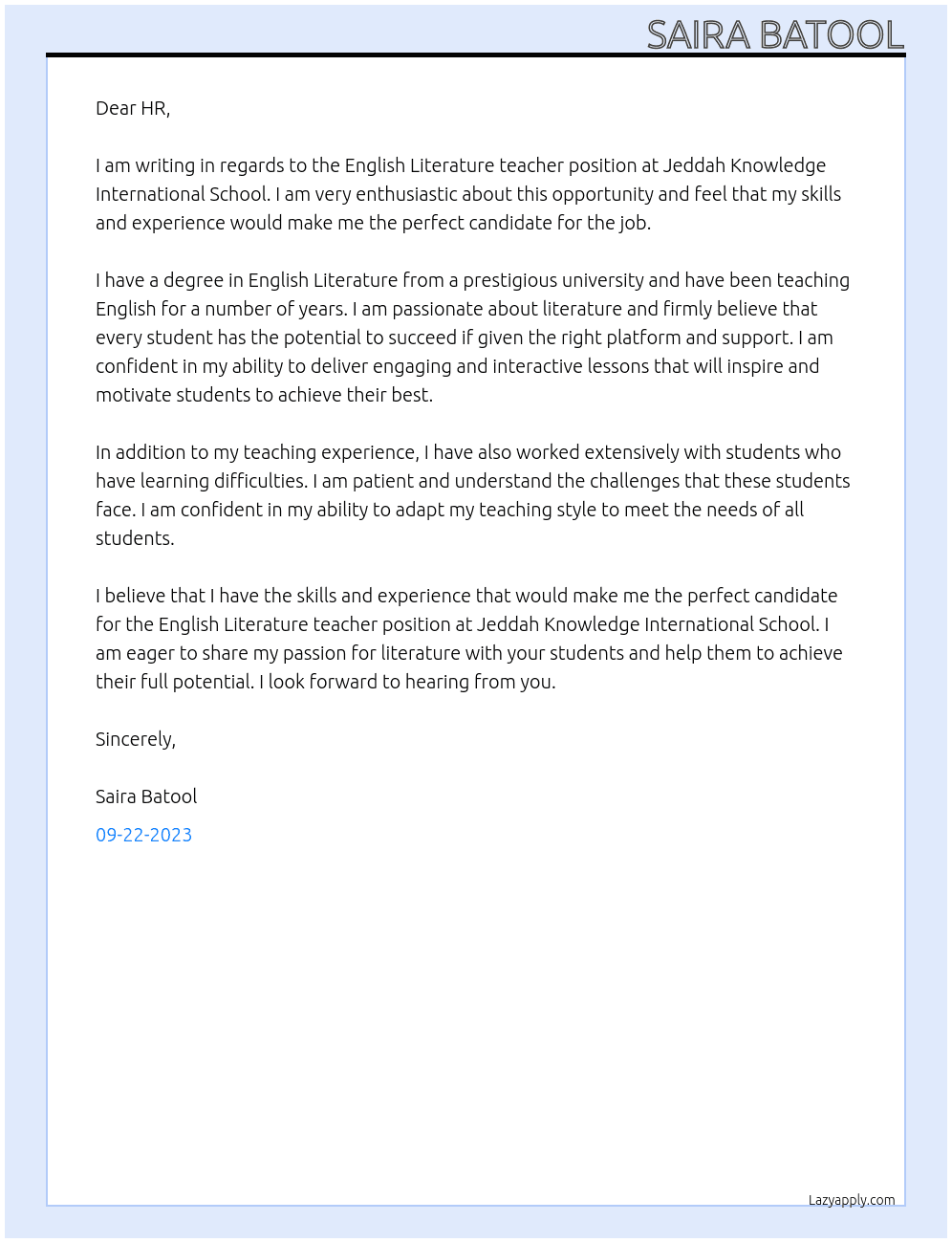 english literature teacher At jeddah knowledge international school Cover Letter