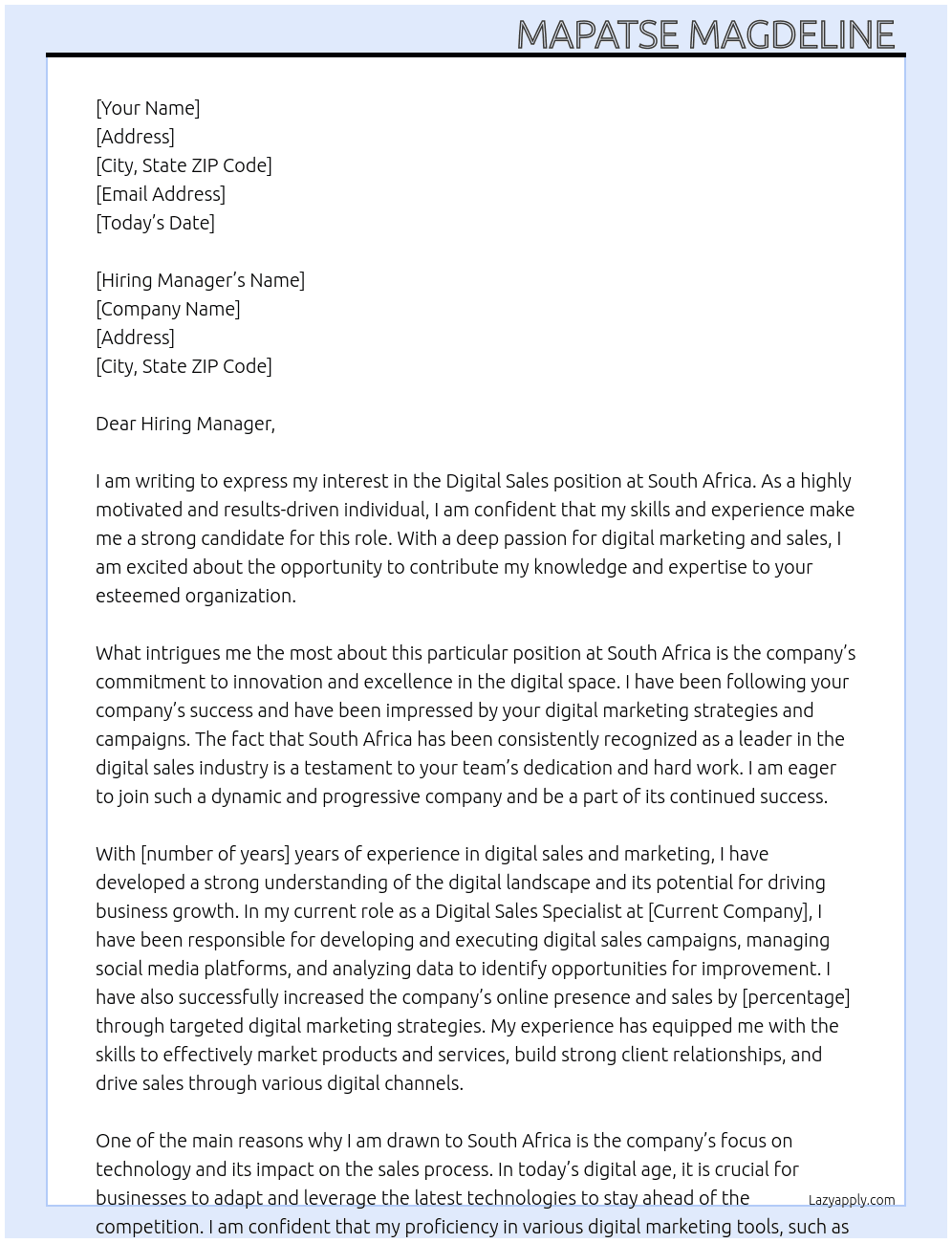 Digital sales At South Africa  Cover Letter