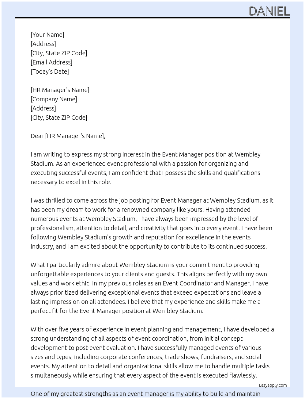 Event manager At Wembley Stadium Cover Letter