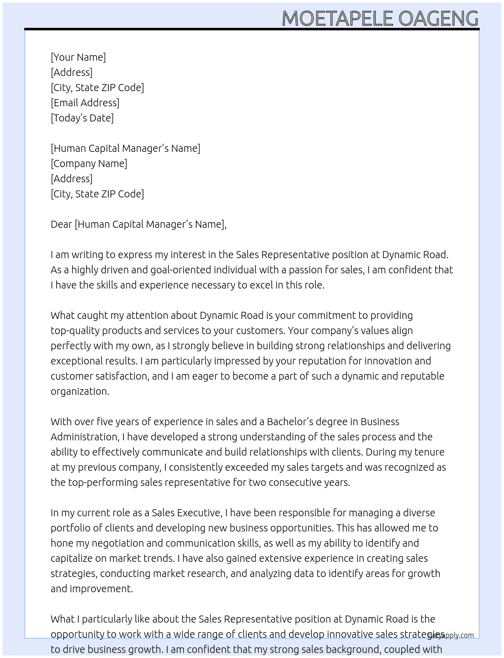 Sales Representative  At Dynamic Road Cover Letter