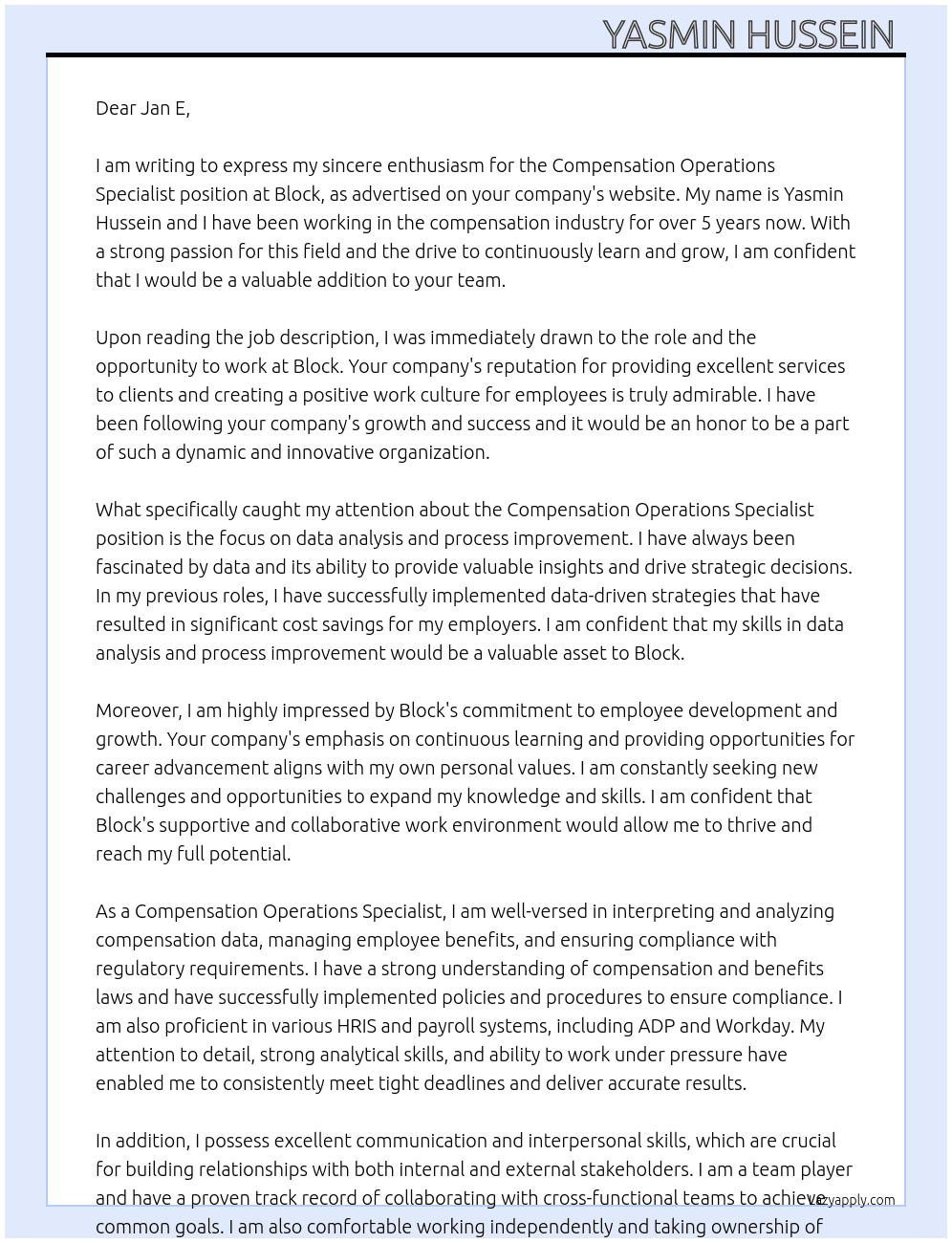 Compensation Operations Specialist  At Block  Cover Letter