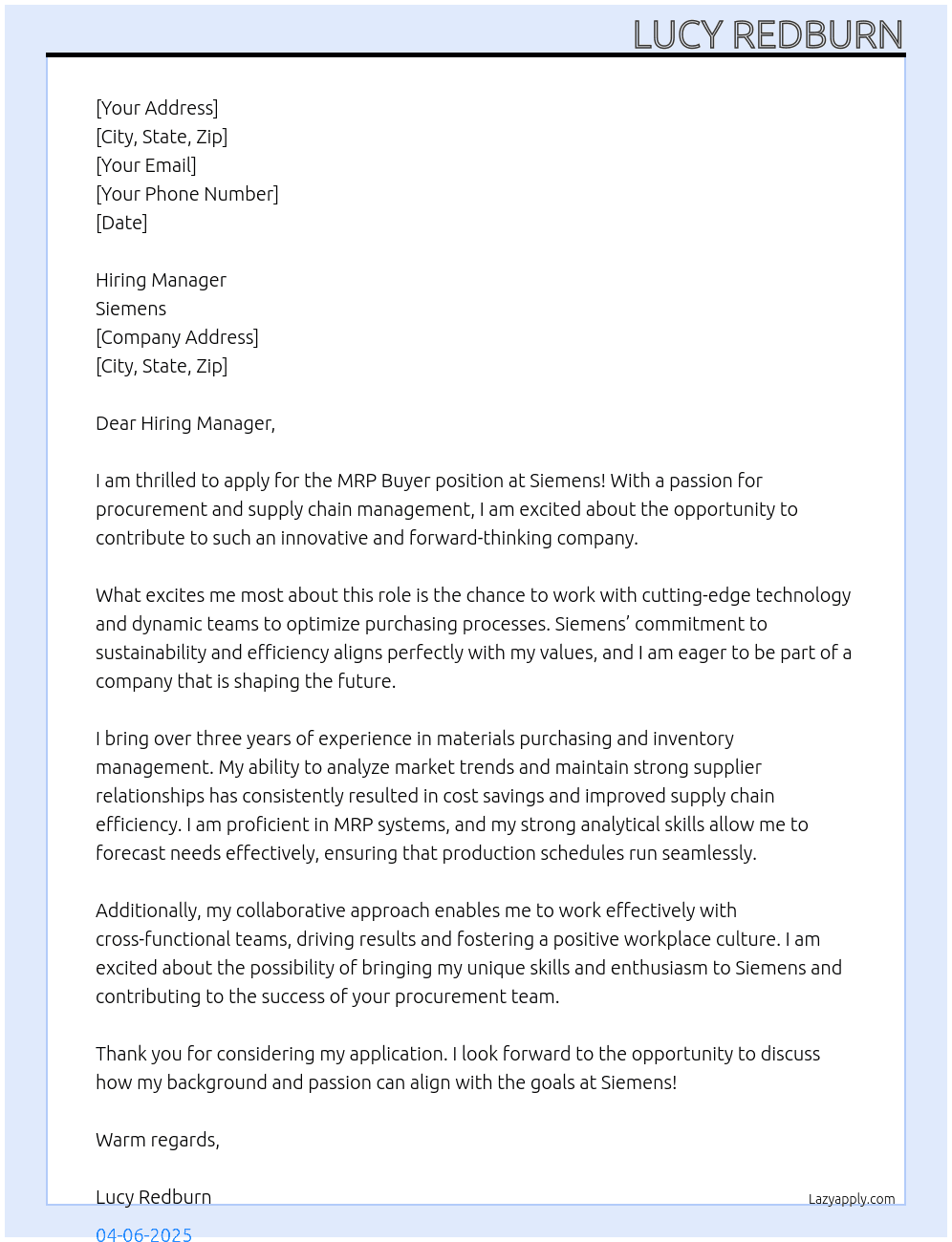 Cover letter for mrp buyer - LazyApply