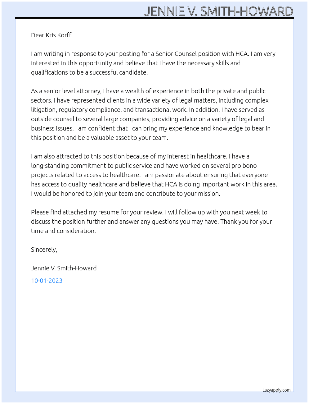 Senior Counsel At HCA Cover Letter