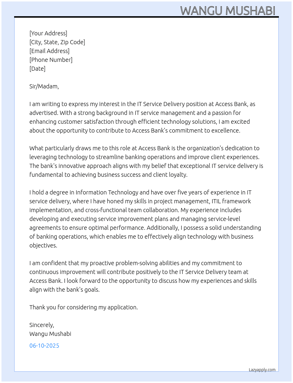 Cover letter for it service delivery - LazyApply