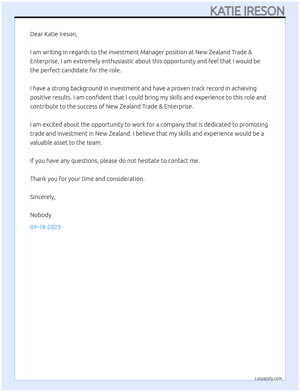 Investment Manager At New Zealand Trade & Enterprise Cover Letter