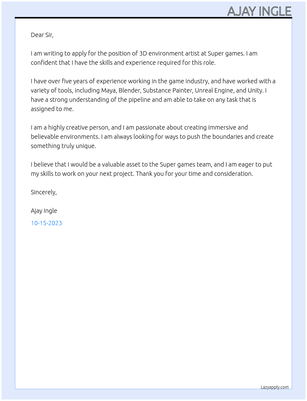 3D environment artist  At Super games  Cover Letter