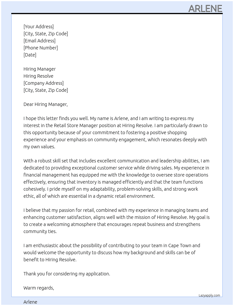 retail store manager At hiring resolve Cover Letter