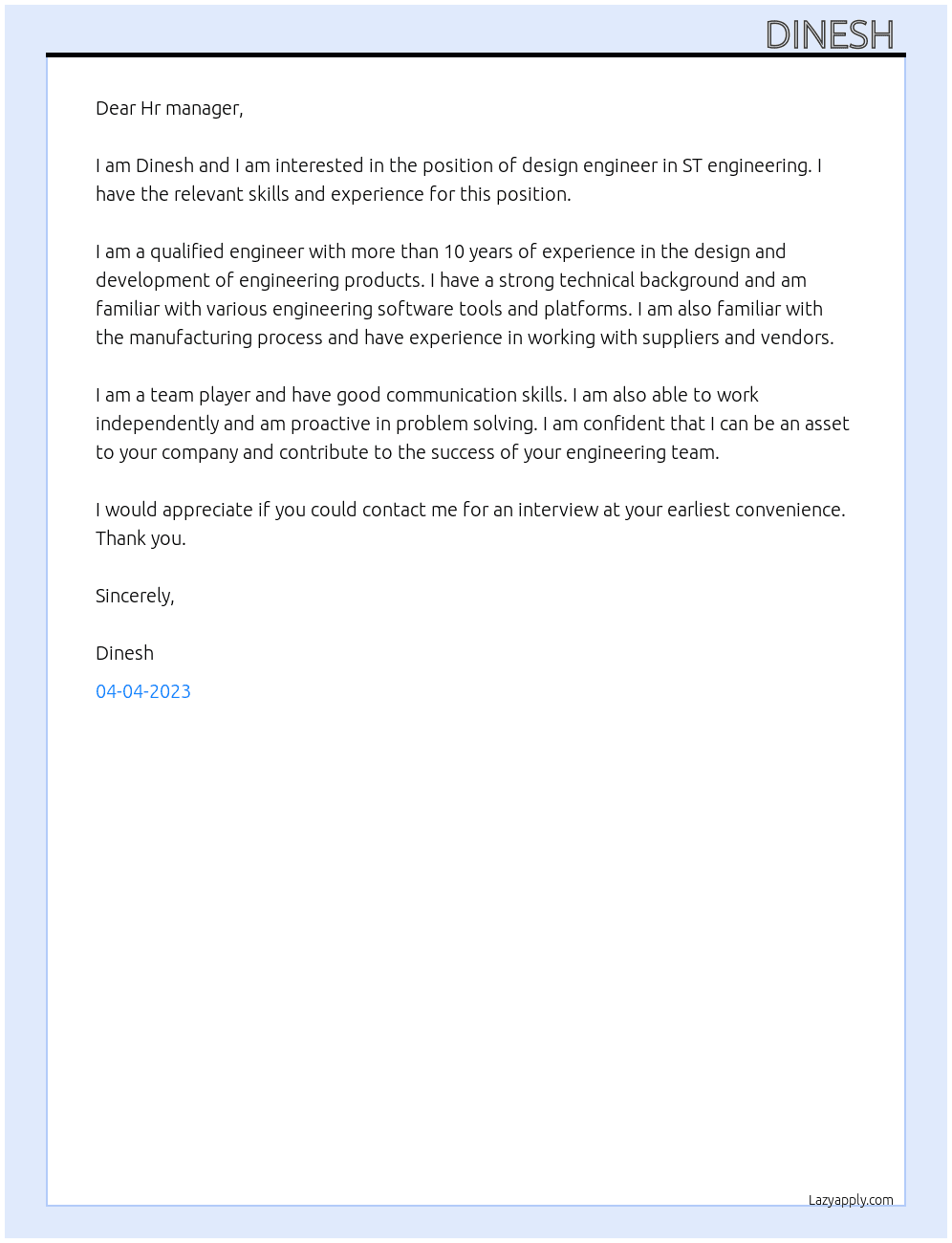 design engineer At ST engineering  Cover Letter