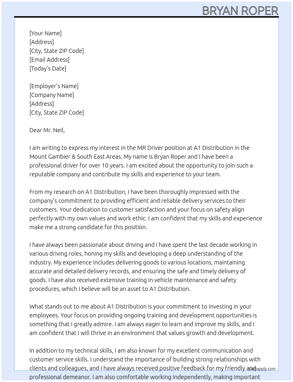 MR Driver - Mount Gambier & South East Areas At A1 Distribution Cover Letter