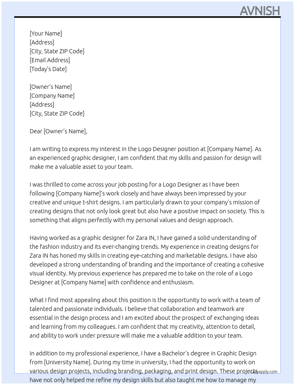 Logo designer At t shirt designs Cover Letter
