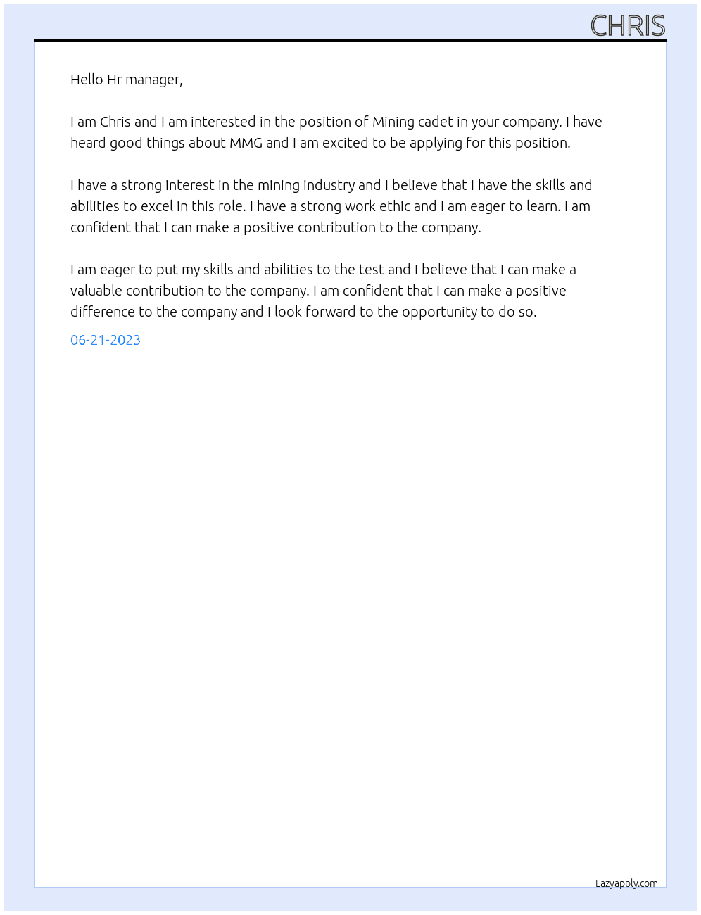 Mining cadet At MMG Cover Letter