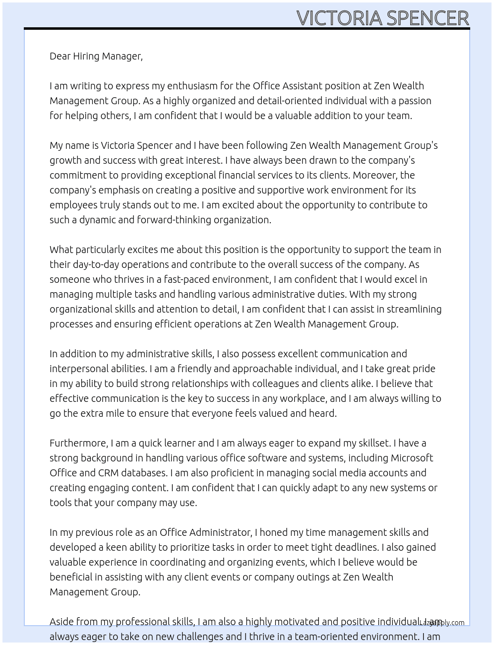Office Assistant At Zen Wealth Management Group Cover Letter