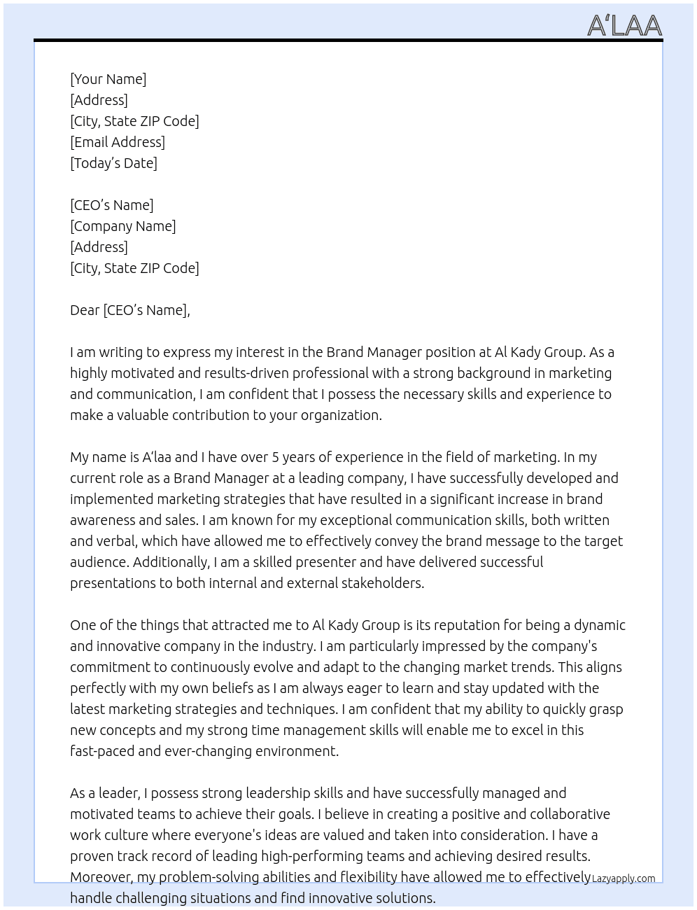 Brand manager At Al Kady Group Cover Letter