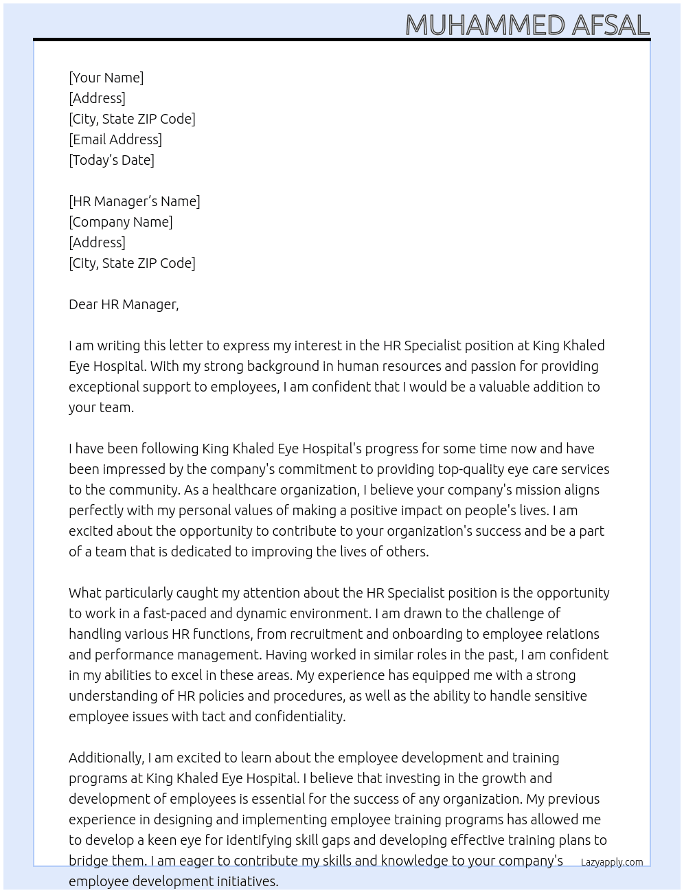 HR specialist At King khaled eye hospital Cover Letter