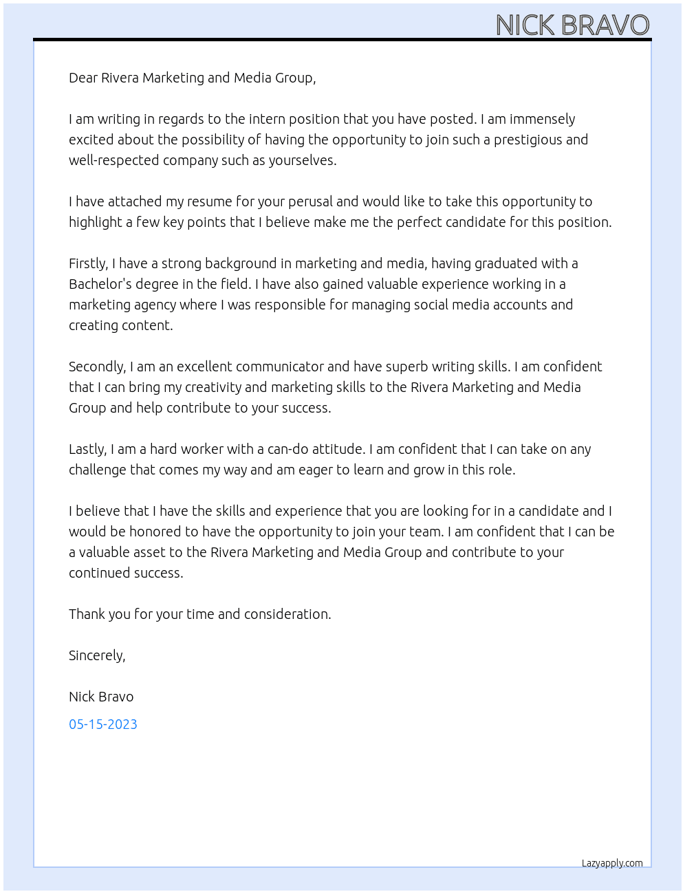 intern  At rivera Cover Letter