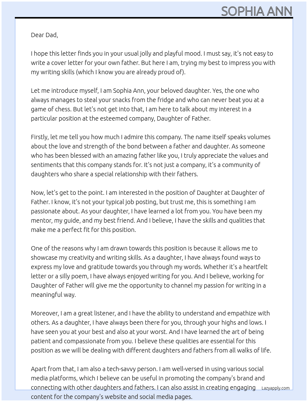Daughter At Daughter of Father Cover Letter