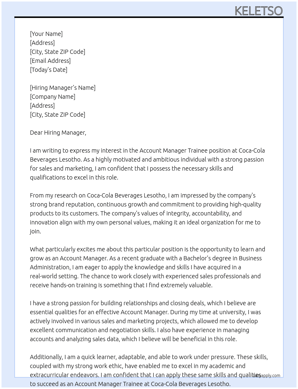 Account Manager Trainee At Coca-Cola Beverages Lesotho Cover Letter