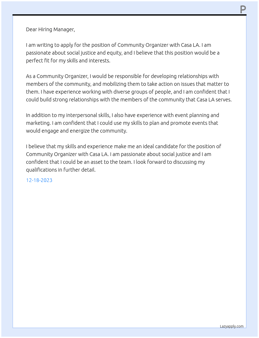 Community Organizer  At Casa LA Cover Letter