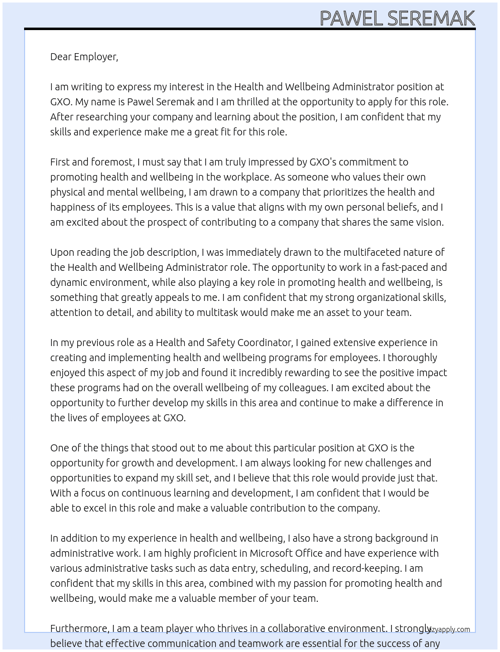 Health and Wellbeing Administrator FTC-12 At GXO Cover Letter