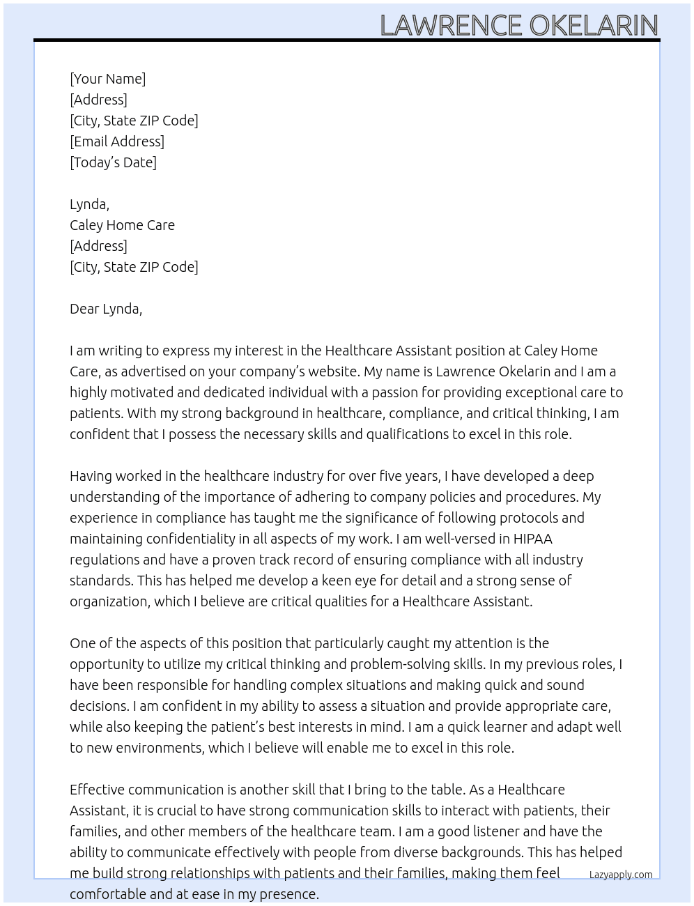 Healthcare Assistant At Caley Home Care Cover Letter