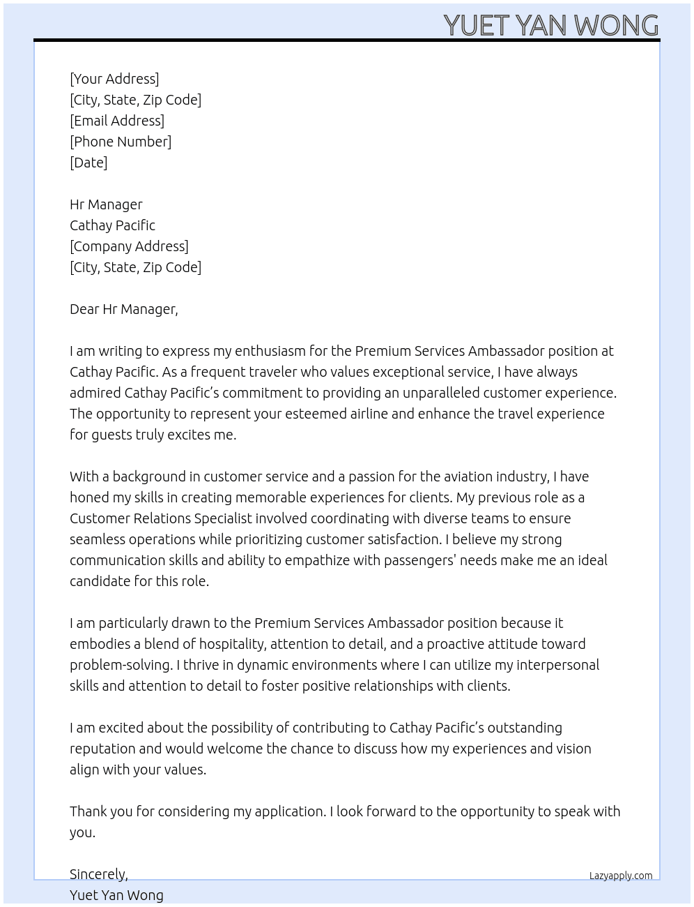 Premium Services Ambassador At Cathay Pacific Cover Letter