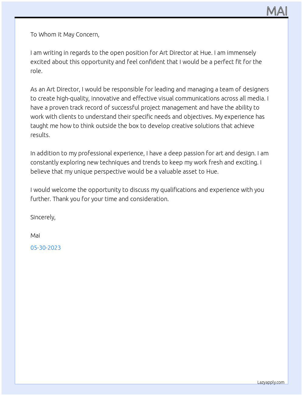 art director   At hued Cover Letter