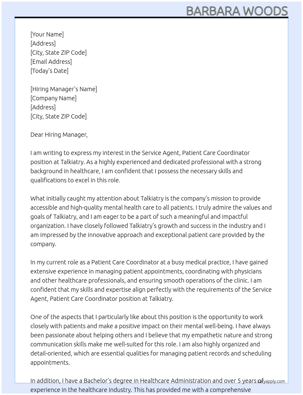 Service Agent, Patient Care Coordinator At Talkiatry Cover Letter