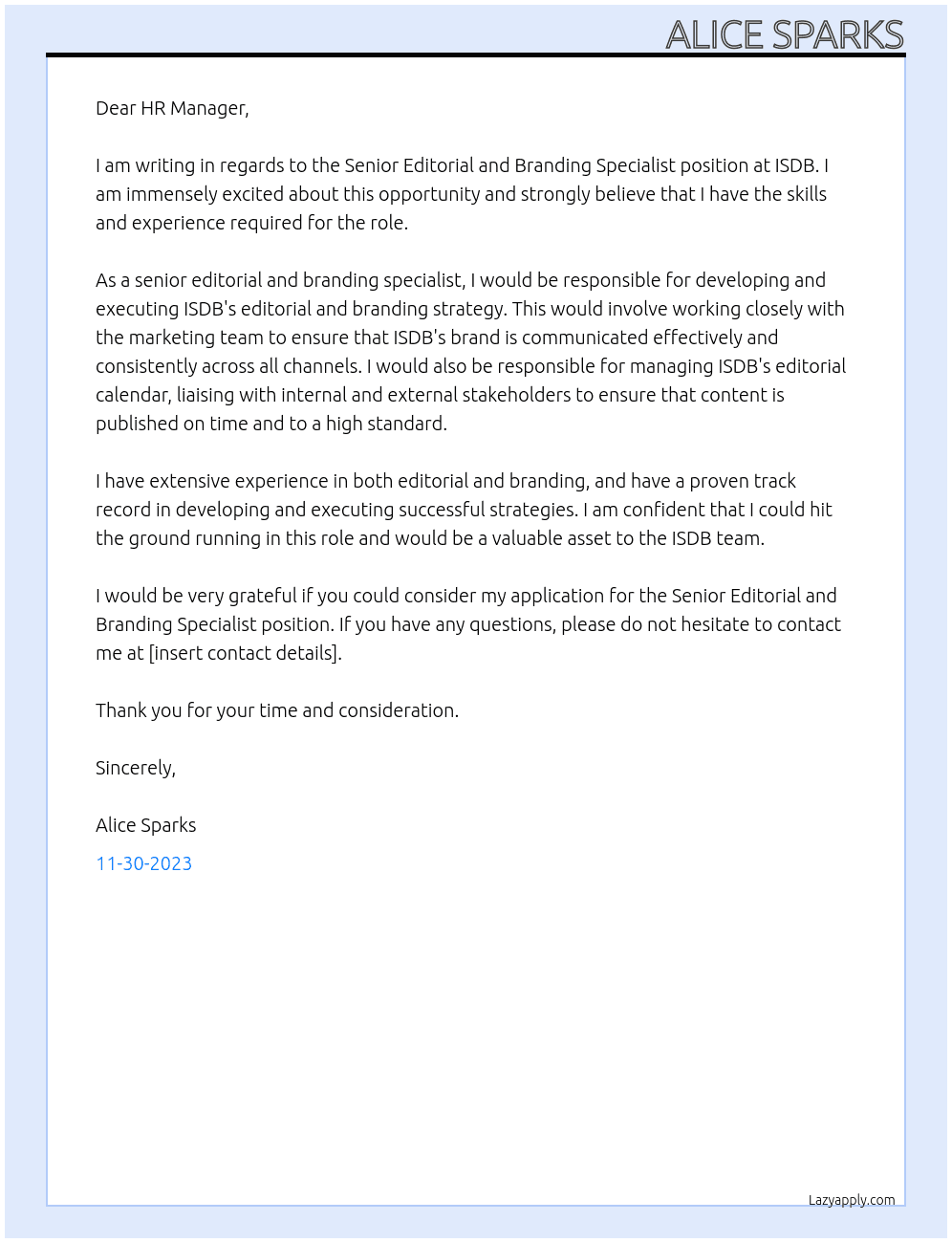 Senior Editorial and Branding Specialist At ISDB Cover Letter