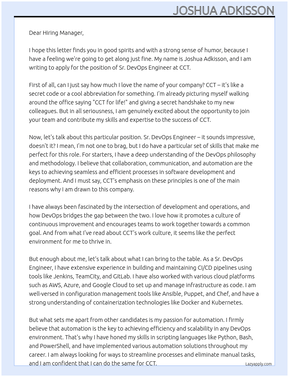 Sr. DevOps Engineer At CCT Cover Letter