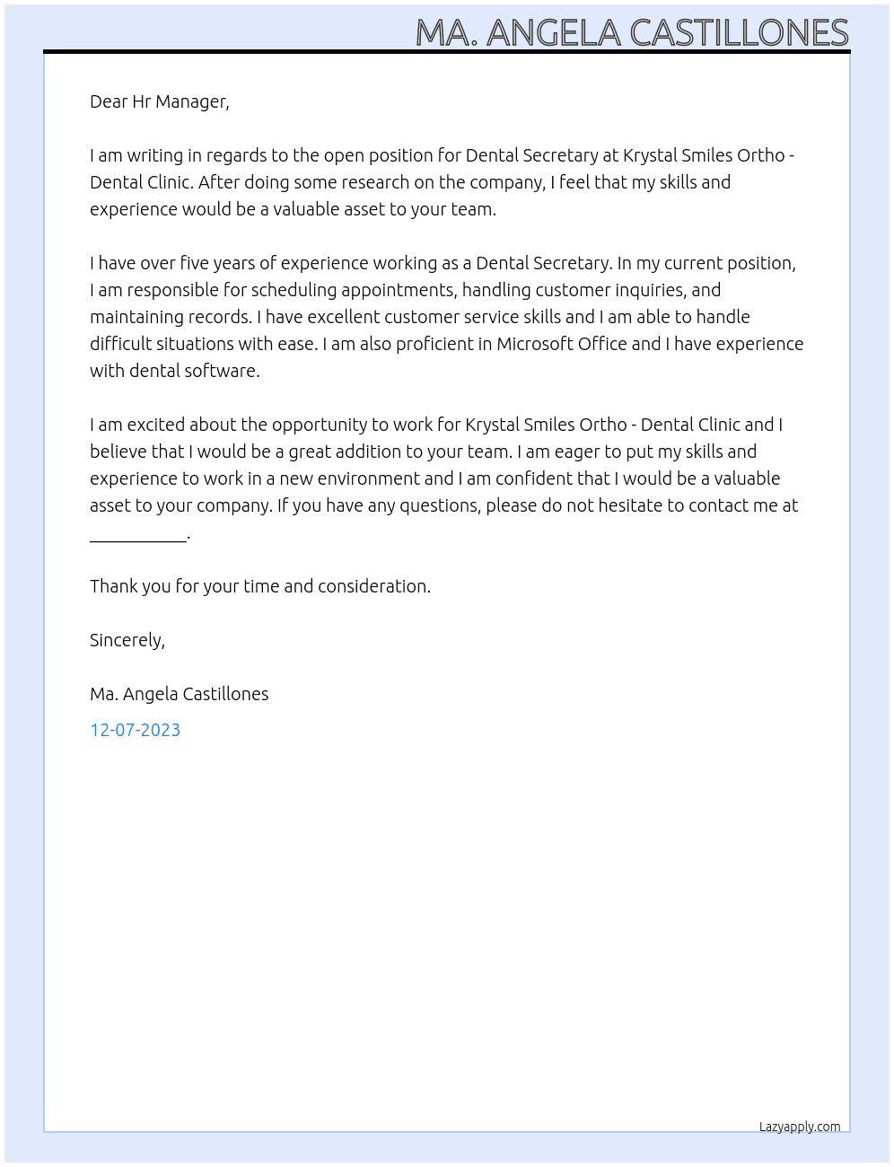 Dental Secretary At Krystal Smiles Ortho - Dental Clinic Cover Letter