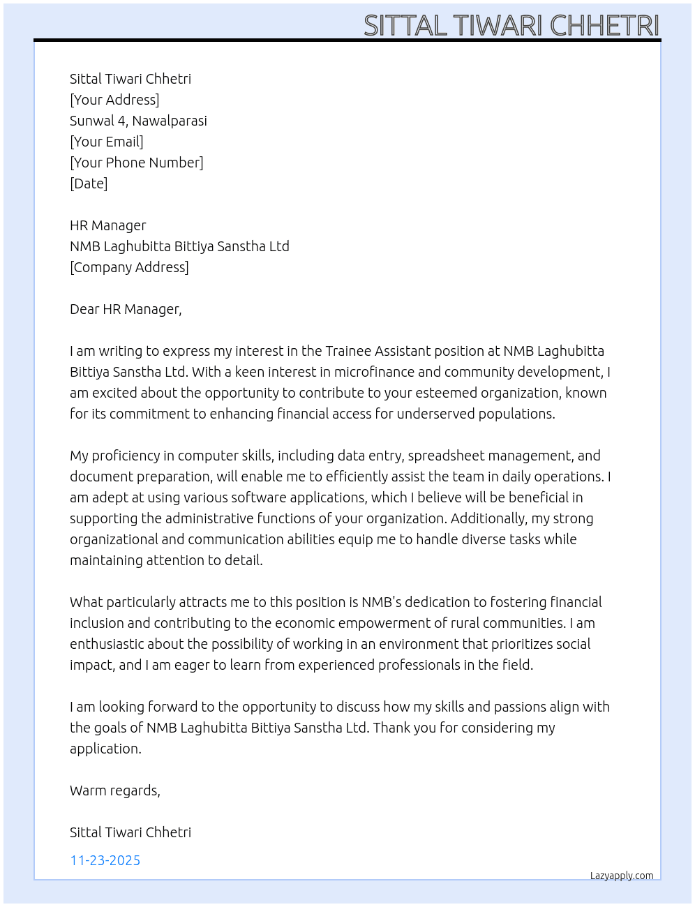 Trainee Assistant At NMB laghubitta bittiya sanstha ltd Cover Letter
