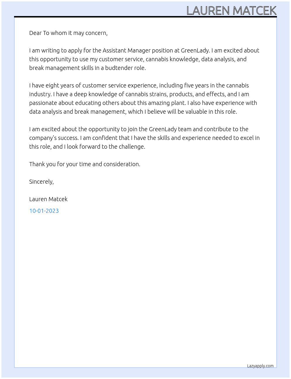 Assistant manager At GreenLady Cover Letter