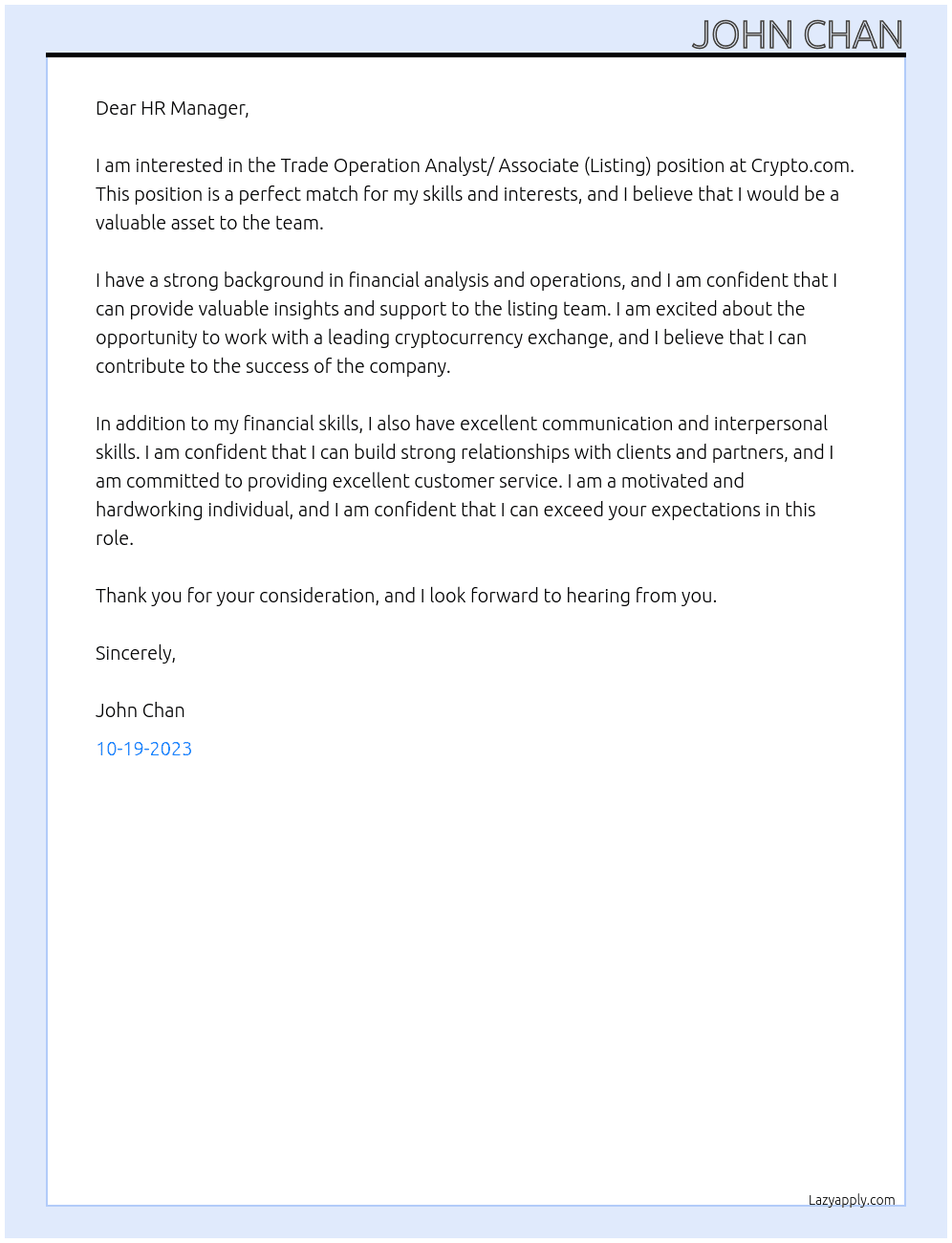 Trade Operation Analyst/ Associate (Listing) At Crypto.com Cover Letter