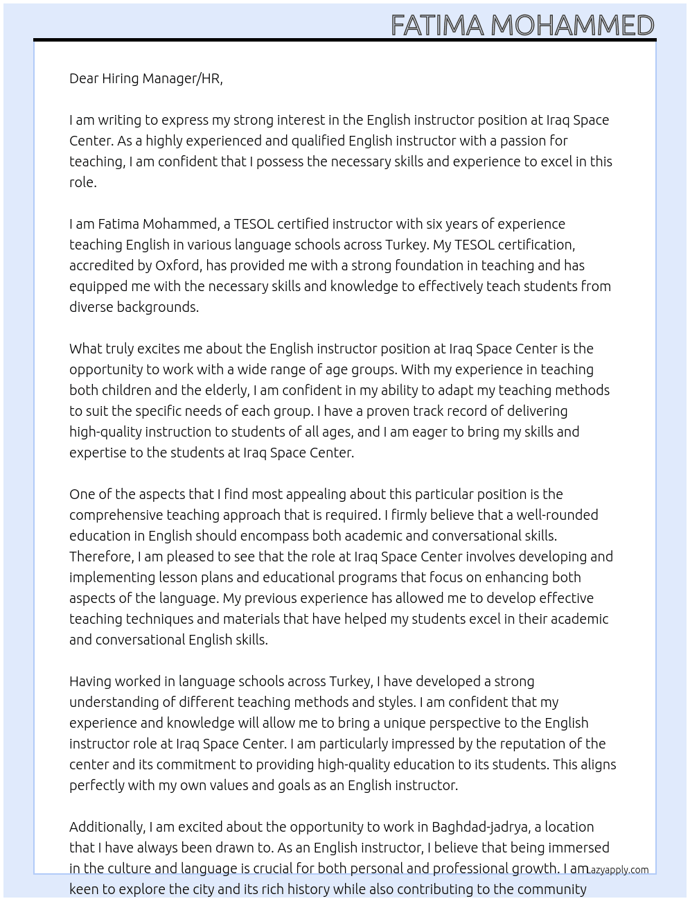 English instructor At Iraq Space Center Cover Letter
